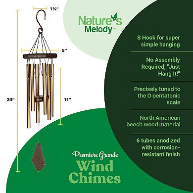 Nature's Melody Premiere Grande Wind Chimes - 6-Tube E Pentatonic Scale Outdoor Windchime