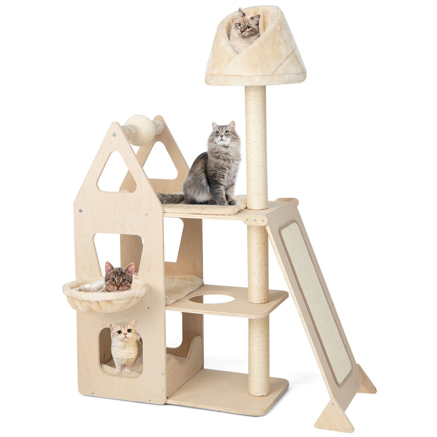 PawHut Cat Running Wheel Cat Tree with Carpet Runway Cat Exercise Wheel with Brake Cat Tower Pet Furniture for Kittens Natural