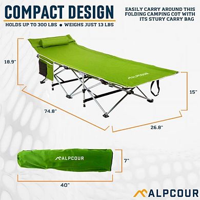 Alpcour Folding Camping Cot - Compact Single Person Bed with Pillow for Indoor & Outdoor Use