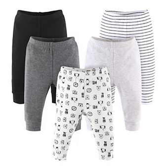 The Peanutshell Baby Boy or Baby Girl Pants Set, 5 Pack, Grey Safari Animals
