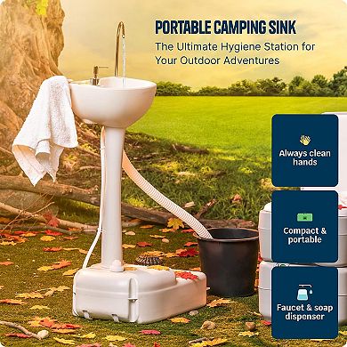 Alpcour 17L Portable Camping Sink  Foot Pump Operated Hygiene Station with Towel Rack and Soap Dispenser