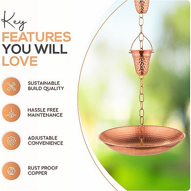 Marrgon 11" Copper Anchoring Basin - Hammered Metal Bowl for Rain Chain Downspouts