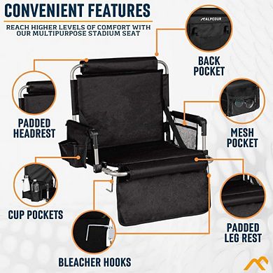 Alpcour Stadium Seat - Foldable, Padded Bleacher Chair with Backrest, Armrest, Pockets, & Cup Holder
