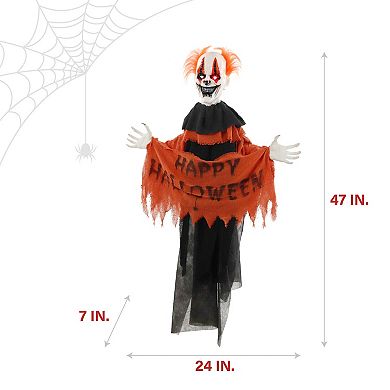 Animatronic Clown Tree Hugger with Movement, Sounds, and Lights Halloween Decoration