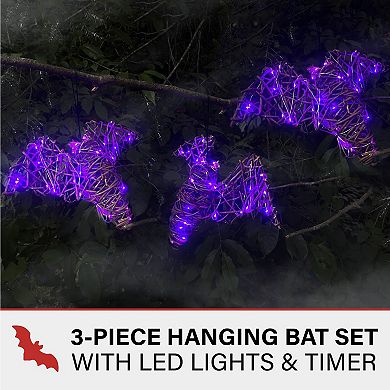 Set of 3 Battery Operated Rattan Bats Halloween Decoration