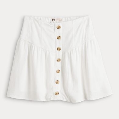 Juniors' SO® Button-Front Linen Flounce Mini Skirt