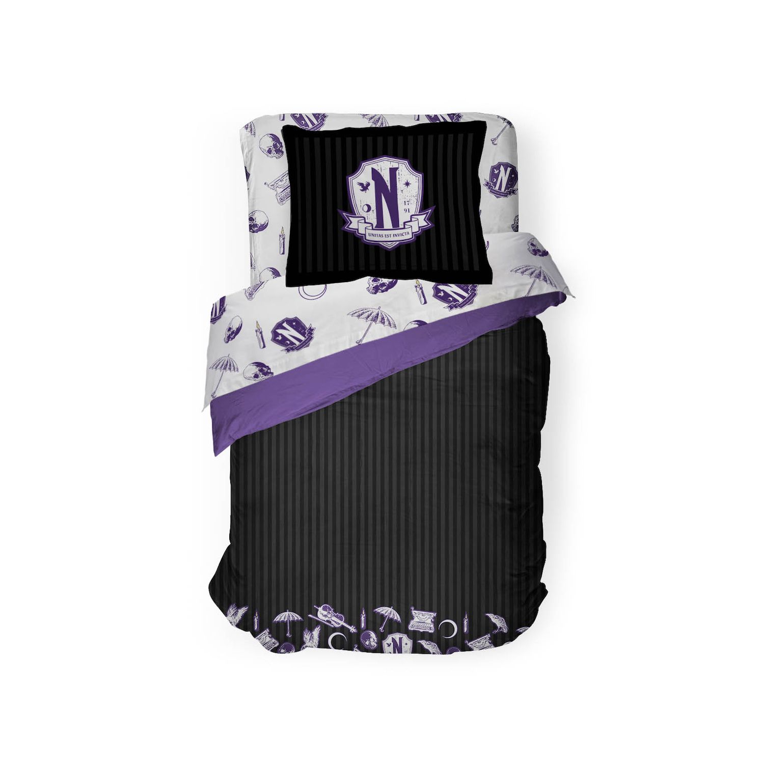 thumbnail image 2 of Wednesday Addams Twin Bedding Set For Kids - Purple Quilted Bedspread With Bonus Accessories 2 of 12