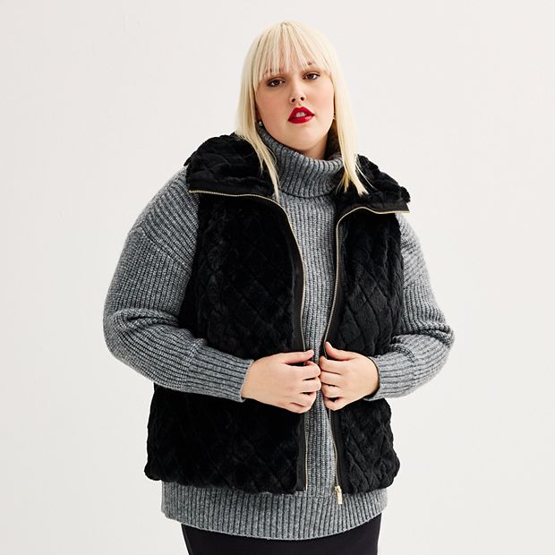 Plus Size Carmen Marc Valvo Faux Fur Quilted Collared Vest