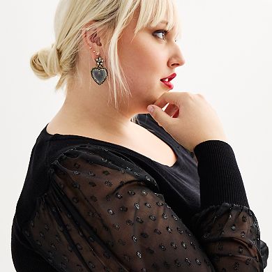 Plus Size Catherine Malandrino Square Neck Sheer Sleeve Sweater