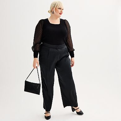 Plus Size Catherine Malandrino Square Neck Sheer Sleeve Sweater