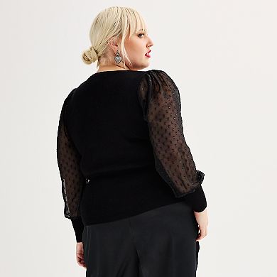 Plus Size Catherine Malandrino Square Neck Sheer Sleeve Sweater
