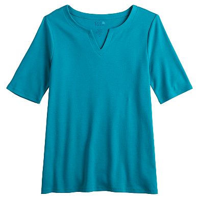 Petite Croft & Barrow® Elbow Sleeve Splitneck Top