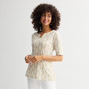 Petite Croft & Barrow® Elbow Sleeve Splitneck Top