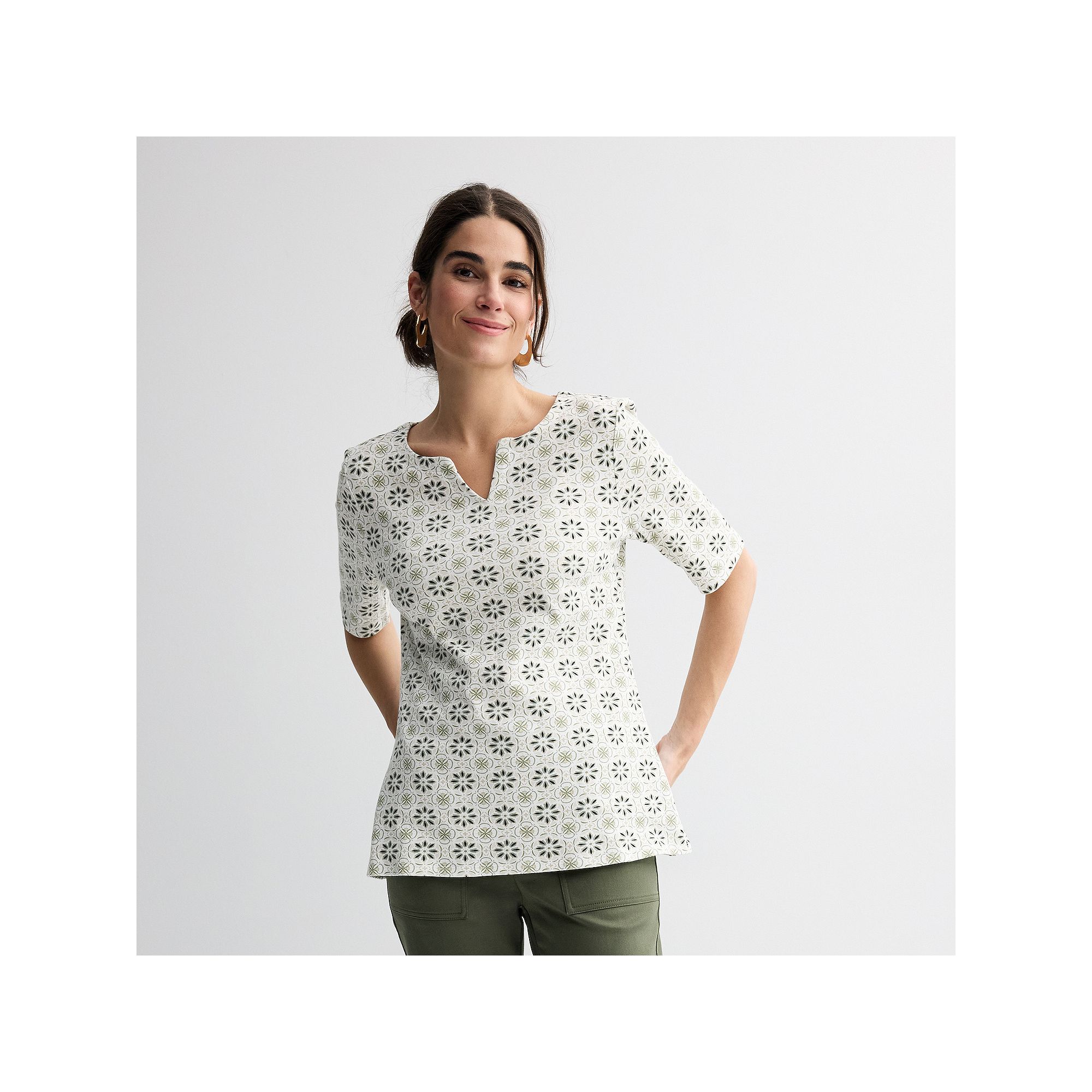 Petite Croft & Barrow® Elbow Sleeve Splitneck Top, Womens, Size: XS Petit