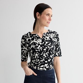 Petite Croft & Barrow® Elbow Sleeve Splitneck Top