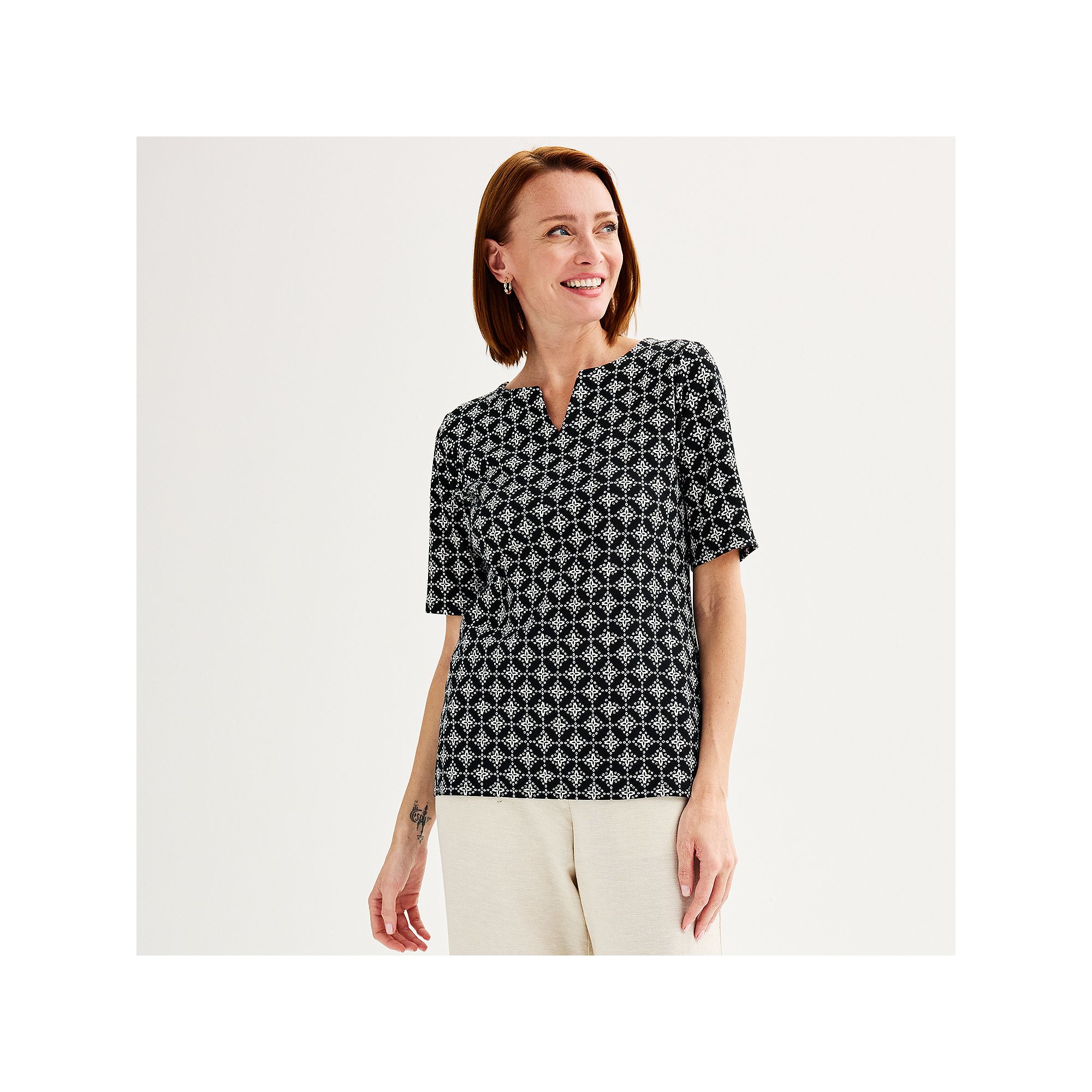 Petite Croft & Barrow® Elbow Sleeve Splitneck Top, Womens, Size: XS Petit