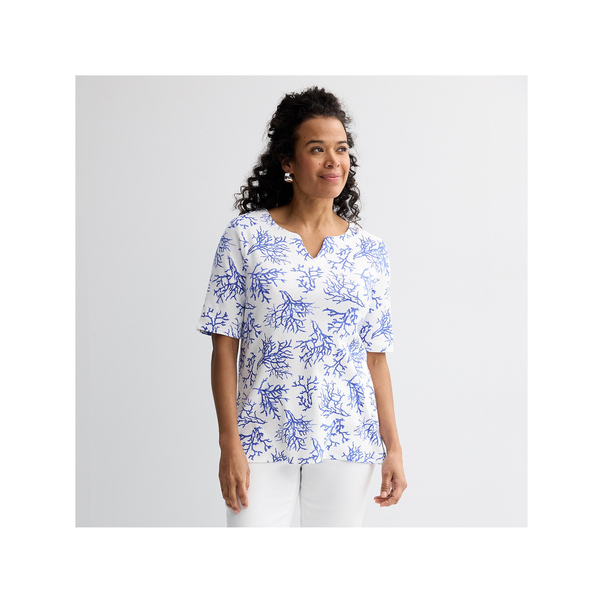Petite Croft & Barrow® Elbow Sleeve Splitneck Top, Womens, Size: XS Petit