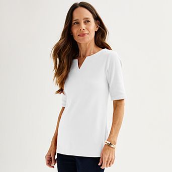 Petite Croft & Barrow® Elbow Sleeve Splitneck Top