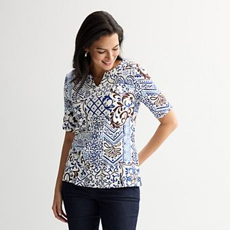Petite Croft & Barrow® Elbow Sleeve Splitneck Top