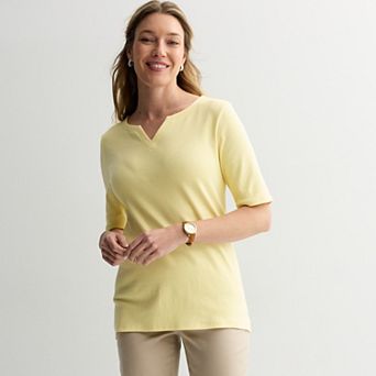 Petite Croft & Barrow® Elbow Sleeve Splitneck Top