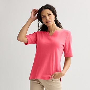 Petite Croft & Barrow® Elbow Sleeve Splitneck Top