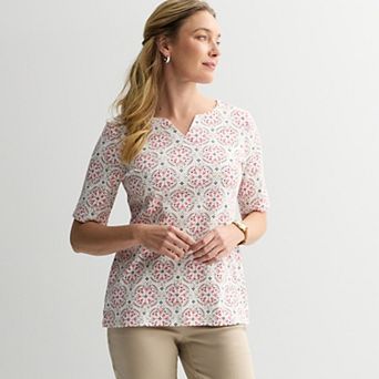 Petite Croft & Barrow® Elbow Sleeve Splitneck Top