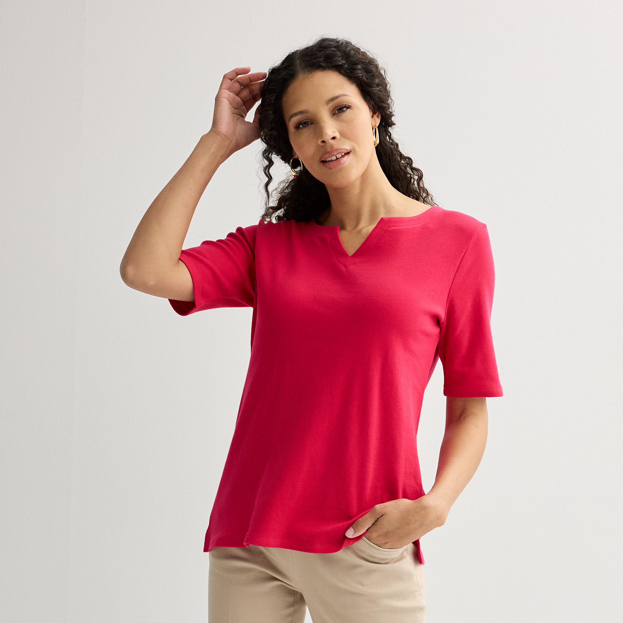 Petite Croft & Barrow® Elbow Sleeve Splitneck Top, Womens, Size: XS Petit