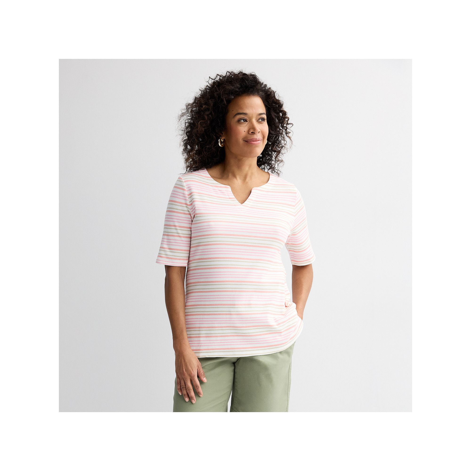 Petite Croft & Barrow® Elbow Sleeve Splitneck Top, Womens, Size: XS Petit
