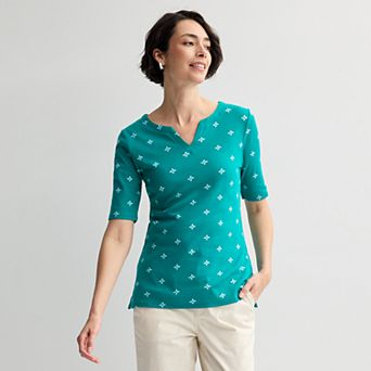 Petite Croft & Barrow® Elbow Sleeve Splitneck Top