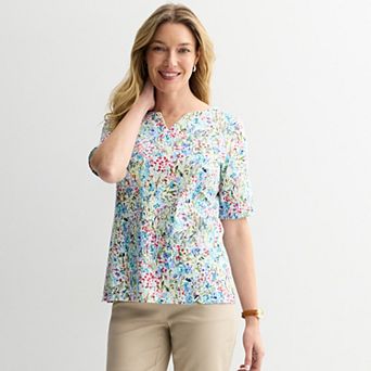 Petite Croft & Barrow® Elbow Sleeve Splitneck Top