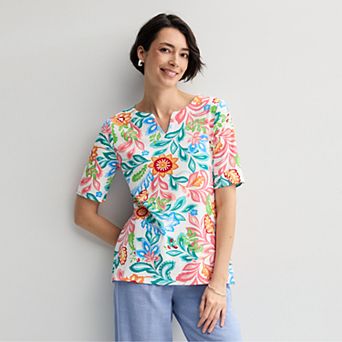 Petite Croft & Barrow® Elbow Sleeve Splitneck Top