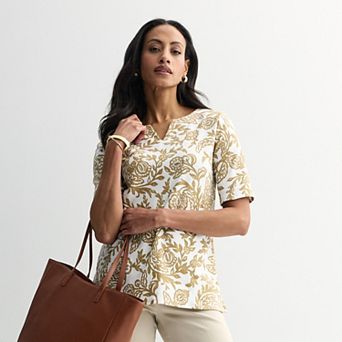 Petite Croft & Barrow® Elbow Sleeve Splitneck Top