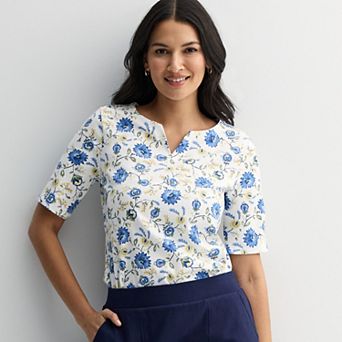 Petite Croft & Barrow® Elbow Sleeve Splitneck Top