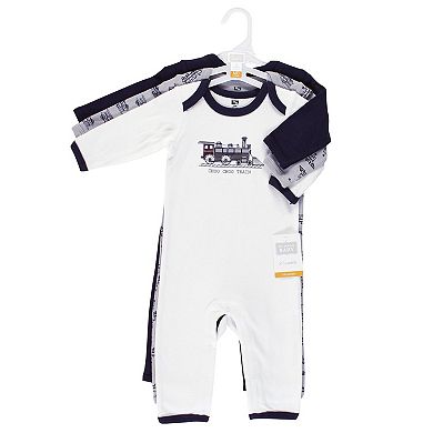 Hudson Baby Infant Boy Cotton Coveralls, Train, 0-3 Months