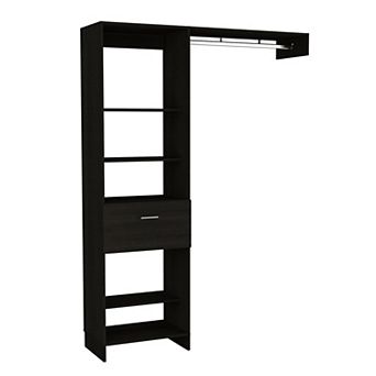 DEPOT E-SHOP Dynamic 150 Closet System, Five Open Shelves, One Drawer, One Metal Rod, Black
