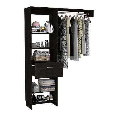 DEPOT E-SHOP Dynamic 150 Closet System, Five Open Shelves, One Drawer, One Metal Rod, Black