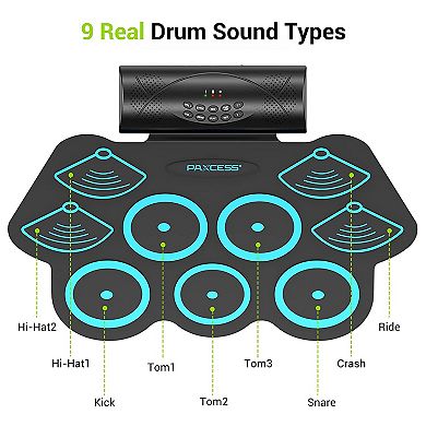 PAXCESS 9 Pad Electronic Drum Set with Headphone Jack, Speakers and Drum Sticks