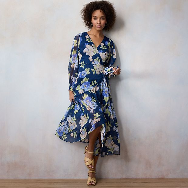 Women's LC Lauren Conrad Floral Print Chiffon Pleated High-Low Wrap Maxi  Dress