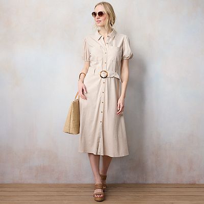 Women's LC Lauren Conrad Belted Button Down Puff Sleeve Midi Shirt Dress