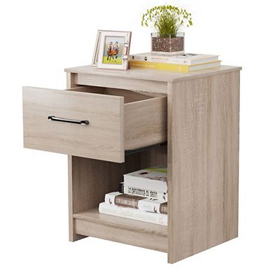 Hivvago Wooden Nightstand With Drawer And Open Storage Compartment