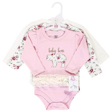 Little Treasure Baby Girl Cotton Long-Sleeve Bodysuits 3pk, Floral Baby Bear