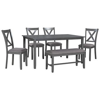 Merax 6 pc Kitchen Dining Table Set Wooden Rectangular Dining Table, 4 Fabric Chairs and Bench Family Furniture