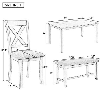 Merax 6-Piece Kitchen Dining Table Set Wooden Rectangular Dining Table, 4 Fabric Chairs and Bench Family Furniture