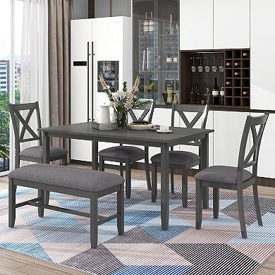 Merax 6-Piece Kitchen Dining Table Set Wooden Rectangular Dining Table, 4 Fabric Chairs and Bench Family Furniture