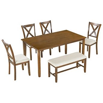 Merax 6 pc Kitchen Dining Table Set Wooden Rectangular Dining Table, 4 Fabric Chairs and Bench Family Furniture