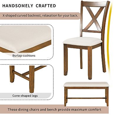 Merax 6-Piece Kitchen Dining Table Set Wooden Rectangular Dining Table, 4 Fabric Chairs and Bench Family Furniture