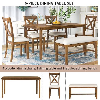 Merax 6-Piece Kitchen Dining Table Set Wooden Rectangular Dining Table, 4 Fabric Chairs and Bench Family Furniture