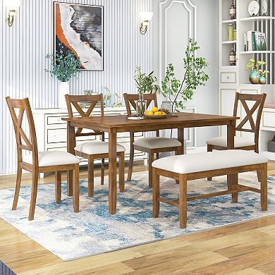 Merax 6-Piece Kitchen Dining Table Set Wooden Rectangular Dining Table, 4 Fabric Chairs and Bench Family Furniture