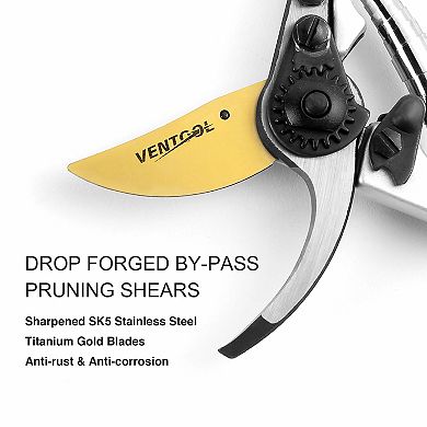 Ventool 8" Sharp Bypass Pruning Shears with Ergonomic Arch Handles