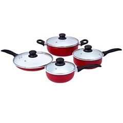 8 Piece Petite Aluminum Non-Stick Cookware Set, Red and White, 8